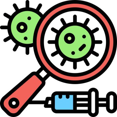 Virüs simgesi, aşı geliştirme vektörü illüstrasyonlu büyüteç