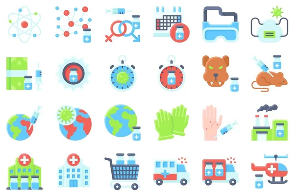 Impfstoffentwicklung Bezogenes Icon Set Flache Vektorillustration — Stockvektor