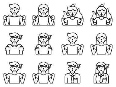 Pozitif Düşünme ve Motivasyon Avatar çizgi simgesi seti, vektör illüstrasyonu