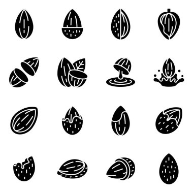 Siluet badem ve fındık simgeleri Half Cut, Milk Splash ve Crked Shell Vector Illustration ile ayarlandı