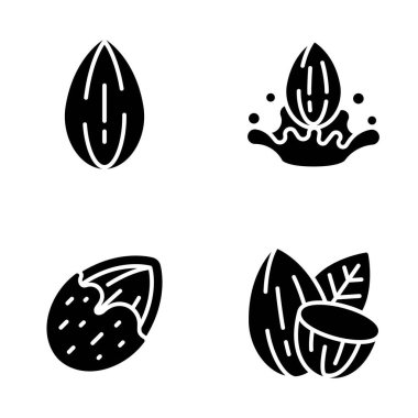 Yaprak Vektörü İllüstrasyonlu Dört Badem Silueti Simgesi ve Badem Sütü Serpiştirme Yarım Çatallı Kabuk Çifti