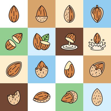 Renkli Badem ve Ceviz Simgeleri Düz Çizgi Film Biçimi Vektör İllüstrasyonunda Ayarlandı