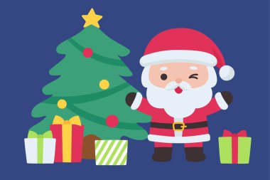 Noel ağacıyla Noel Baba ve hediye kutuları neşeli bir tatil sahnesine sarılmış Vektör Resimleri