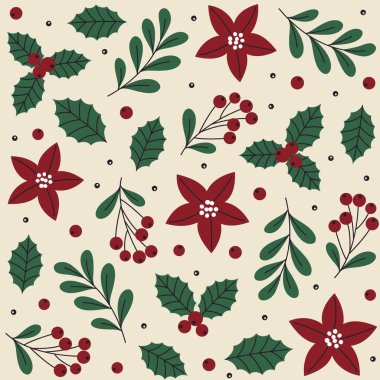 Şenlikli Poinsettia ve Holly Noelsiz Çiçeksiz Şekil Vektör İllüstrasyonu