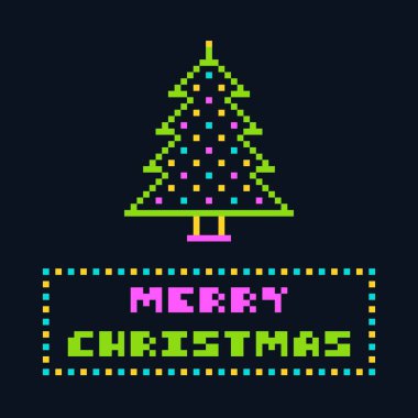 Pixel Sanat Yılbaşı Ağacı Bayrağı Mutlu Noel Tipografi Vektörü İllüstrasyonu