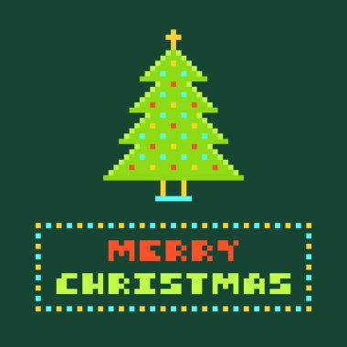 Piksel Sanat Yılbaşı Ağacı Çerçevesi Mutlu Noeller Vektör İllüstrasyonu