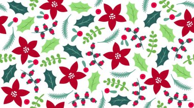Kırmızı Çiçeklerle Canlı Noelsiz Şablon Holly Beyaz Arkaplan Vektör Resimlerinde Kış Böğürtlenleri ve Çam Dalları Bırakıyor