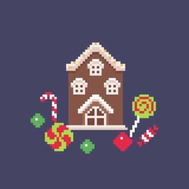 Noel Şekerleri Şekerli Zencefilli Kır Evi Pikselde Şekerlemeler Vektör İllüstrasyonu