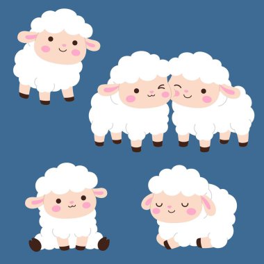 Beş sevimli kawaii beyaz kuzu karakter seti çeşitli pozlarda koyu mavi arkaplan vektör ilülasyonu