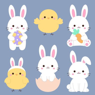 Bir grup şirin Kawaii Paskalya tavşanı ve çeşitli pozlardaki piliç karakterleri açık mavi arka plan vektör ilülasyonu