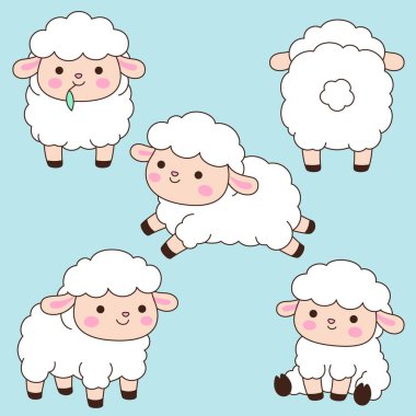 Beş sevimli kawaii beyaz kuzu karakteri seti mavi arkaplan vektör illüstrasyonunda farklı pozlarda.