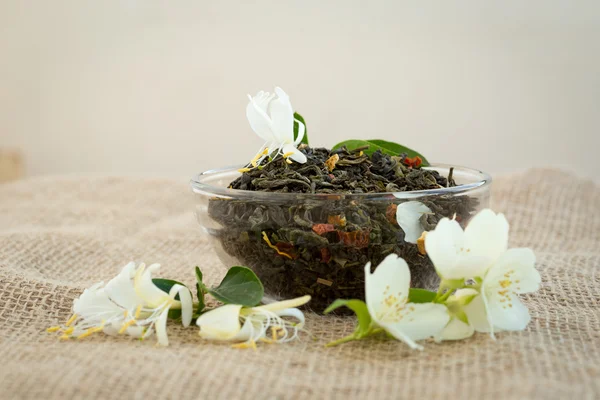 Kurutulmuş yeşil çay ve Yasemin çiçekleri — Stok fotoğraf