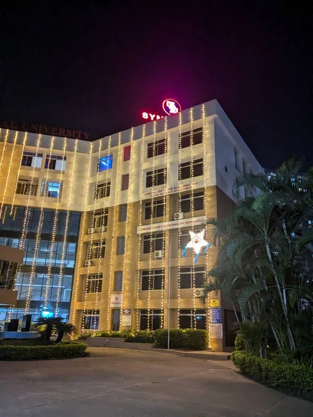 Yüksek bir üniversite binasının gece manzarası dikey sıralı sarı ışıklarla süslenmiş, canlı ve kutlayıcı bir görünüm yaratıyor..