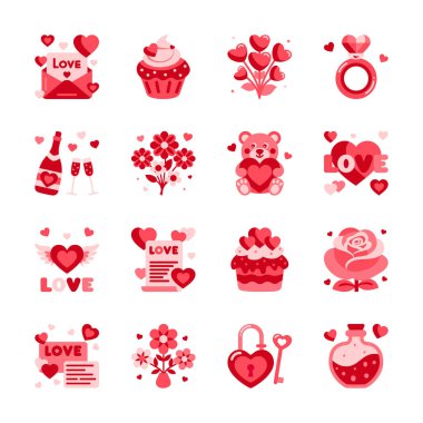 Aşk sembolleri, düz pastel paletler, kalpler, kapkekler, güller, oyuncak ayı, nişan yüzüğü, şampanya kadehleri, buket, aşk