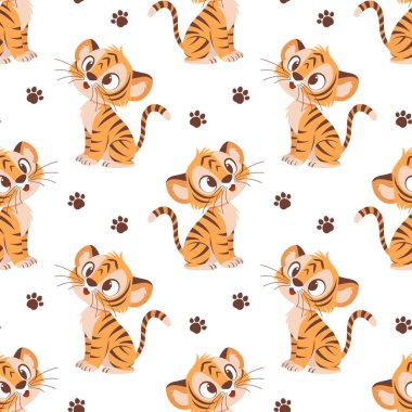 Beyaz arka planda kaplan yavruları ve pençe izleri olan kusursuz bir vektör deseni. Bu neşeli, çocuksu tasarım duvar kâğıdı, çocuk odası dekoru ya da kumaşı için mükemmel..