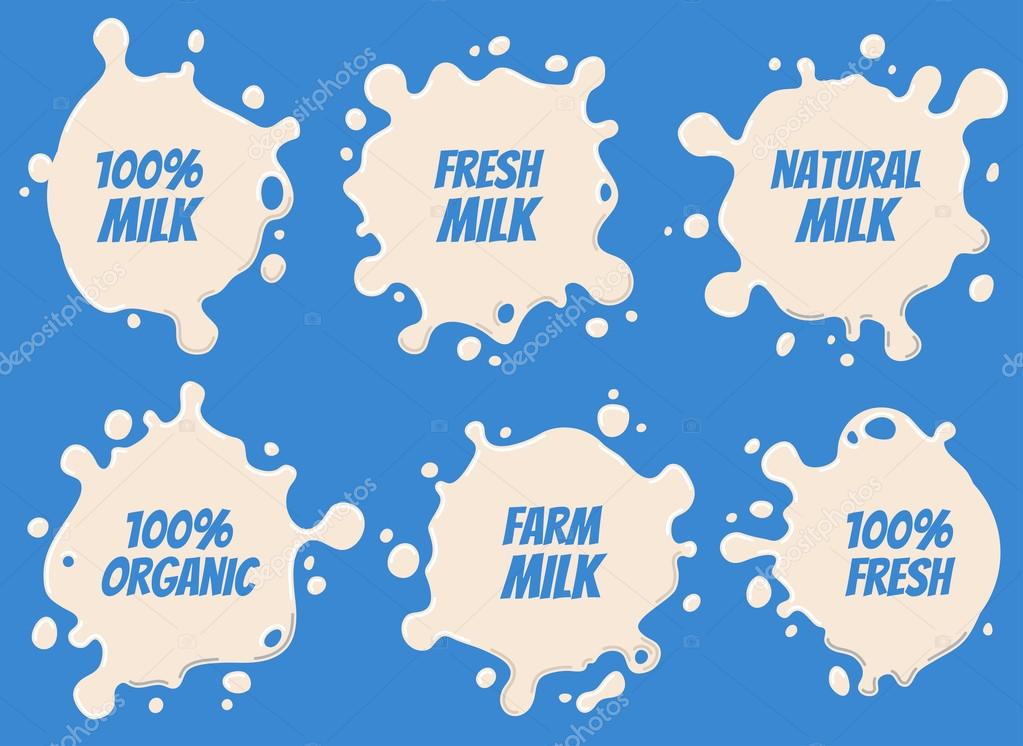 Milk Logo and Labels Designs with Lettering Set. Milk splashes