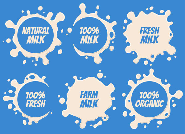 Splash and blot milk labels vector set. Design, shape creative illustration