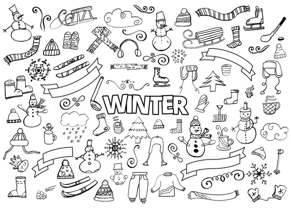 Colección de garabatos de invierno. Elementos de diseño. Hombre de nieve, Copos de nieve, Cielos, bufanda, bebidas calientes, Café, Tarde — Vector de stock