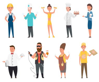 Meslek geliştiren doktor aşçıyı ayarlayın. Çizgi film tarzında izole edilmiş vektör. Meslek kolleksiyonu, farklı mesleklerden erkek ve kadın işçiler üniformalı kuaför kurye pizzacı.