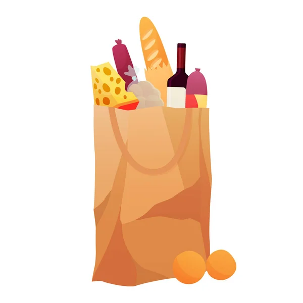 Χαρτί ψώνια τσάντα προϊόντα παντοπωλείο. Διαφορετικά τρόφιμα και ποτά, ψώνια. Σούπερ μάρκετ παντοπωλείου. Φρέσκα βιολογικά τρόφιμα και ποτά. Έννοια παράδοσης παντοπωλείου — Διανυσματικό Αρχείο