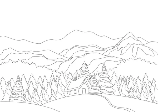 Winterberge. Verschneite Landschaft mit Schneehäusern und Kiefernwald im Vordergrund. Berggipfel und reisender Hintergrund. Flache lineare Färbung Stil — Stockvektor