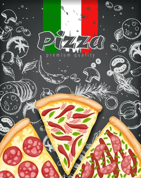 Pizzaplakat farbig. Herzhafte Pizza-Anzeigen mit 3D-Illustration reichen Garnierungen Teig auf gravierten Stil Kreidekritzel Hintergrund. Vektorbanner für Cafés, Restaurants oder Essenslieferdienste. Ansicht von oben — Stockvektor