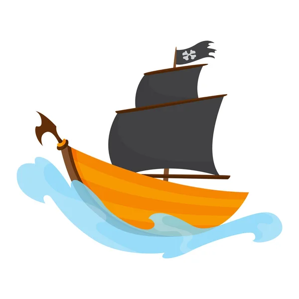 Στυλιζαρισμένο καρτούν πειρατικό πλοίο εικονογράφηση με Jolly Roger και μαύρα πανιά. Ωραίο σχέδιο διανύσματος. Πειρατικό πλοίο που πλέει στο νερό — Διανυσματικό Αρχείο