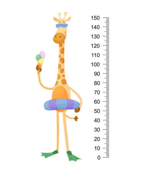 Funny giraffe. Cheerful funny giraffe with long neck. Giraffe meter wall or height chart or wall sticker. Illustration with scale from 2 to 150 centimeter to measure growth