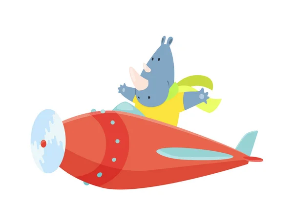 Rinoceronte bonito a pilotar um avião com cachecol a tremer. Piloto engraçado voando em aviões. Desenhos animados ilustração vetorial isolado em um fundo branco — Vetor de Stock
