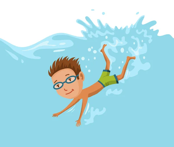 Děti plavou v bazénu. Veselý a aktivní chlapec plavající v bazénu. Chlapec v plavkách se koupe v dětském bazénu. Podvodní pohled — Stockový vektor
