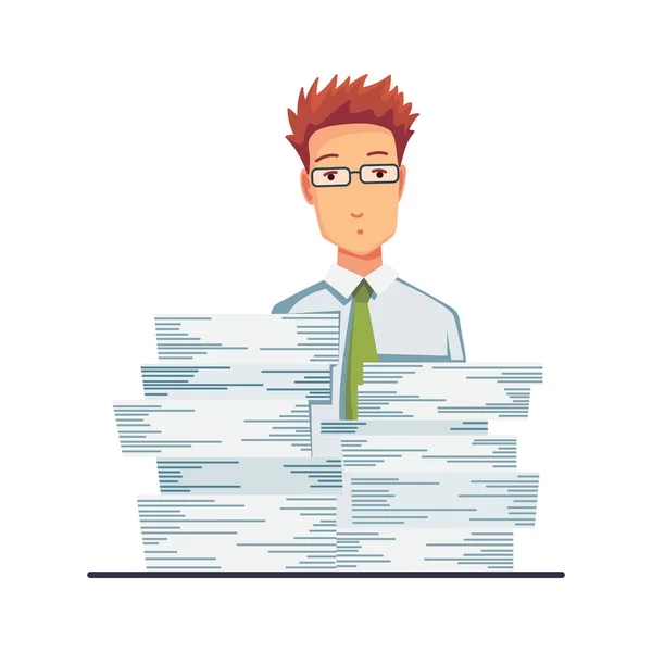 Bürodokumente aus dem Kopierer. Büroangestellte mit einem Stapel von Dokumenten. Konzeptmensch der Büroarbeit — Stockvektor