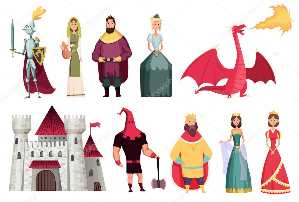 Medieval kingdom characters of middle ages historic period vector Illustrations. Peoples set. Kings queens knight jester castle fortress and dragon