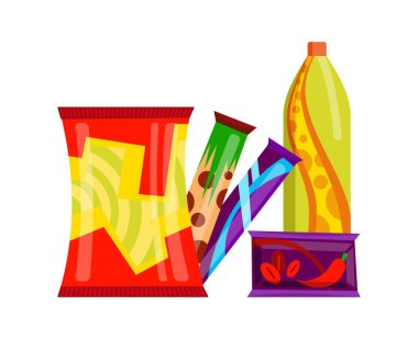 Abur cubur seti. Fast food içecekleri ve beyaz arka planda izole edilmiş tatlı barlar. Düz stil olarak klasik fast food besin. Restoran menüsünün vektör illüstrasyonu