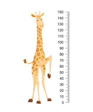 Komik zürafa. Uzun boyunlu neşeli komik zürafa. Zürafa metre duvarı, boy çizelgesi ya da duvar çıkartması. Büyümeyi ölçmek için 2 ile 150 santimetre arasında ölçeklendirme