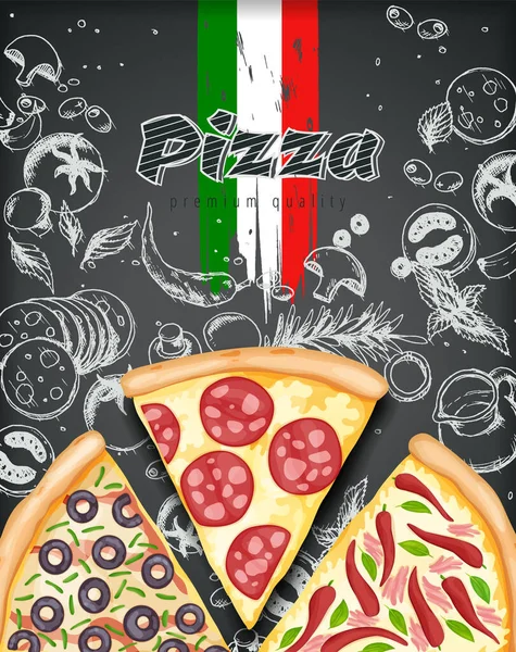 Affiche de pizza couleur. Savoureux annonces de pizza avec illustration 3D riche garnitures pâte sur fond gravé craie doodle style. Bannière vectorielle pour café, restaurant ou service de livraison de nourriture. Vue du dessus — Image vectorielle