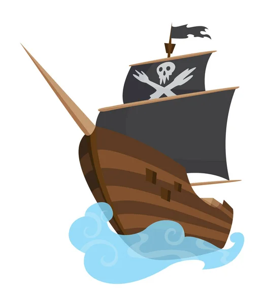 Illustration de bateau pirate dessin animé stylisé avec Jolly Roger et voiles noires. Mignon dessin vectoriel. Bateau pirate naviguant sur l'eau — Image vectorielle