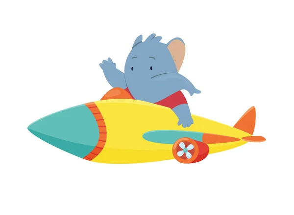 Un elefante carino che vola su un aereo. Divertente pilota che vola sugli aerei. Illustrazione vettoriale dei cartoni animati isolata su sfondo bianco — Vettoriale Stock