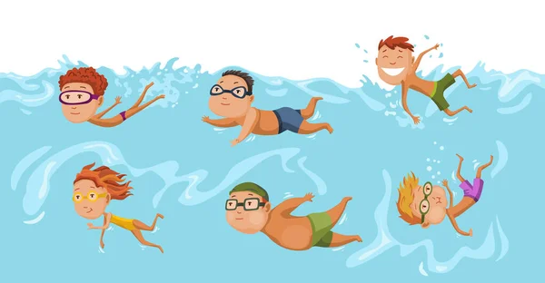 Medencében úszó gyerekek. Vidám és aktív kisfiúk és lányok úsznak a medencében. A fürdőruhás fiúk és lányok egy gyerekmedencében úsznak. Víz alatti kilátás. Sport csapat — Stock Vector