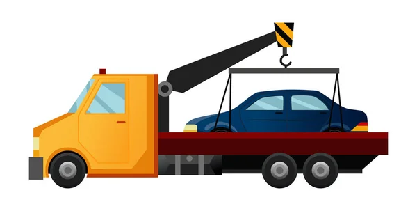 Tow truck. Cool flat towing truck with broken car. Road car repair service assistance vehicle with damaged or salvaged car — Stock Vector