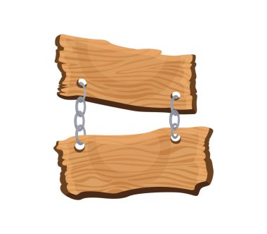 Tahta tabela. Zincirlerde asılı boş ahşap tahtalar. Eski rehber, eski restoran tabelası ya da reklam tasarımı konsepti. Sancak şablonu