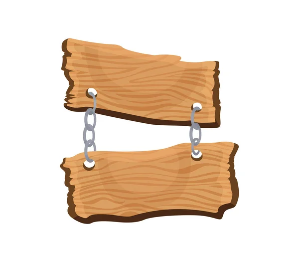 Holzschild. Leere isolierte Holzbohlen, die an Ketten hängen. Alter Wegweiser, alter Restaurantwegweiser oder Werbekonzept. Banner-Vorlage — Stockvektor