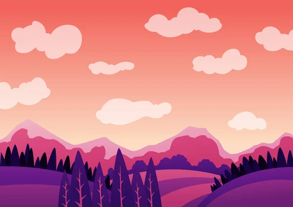 Paysage vectoriel du soir d'été avec montagnes. Concept romantique de voyage d'été. Illustration plate — Image vectorielle