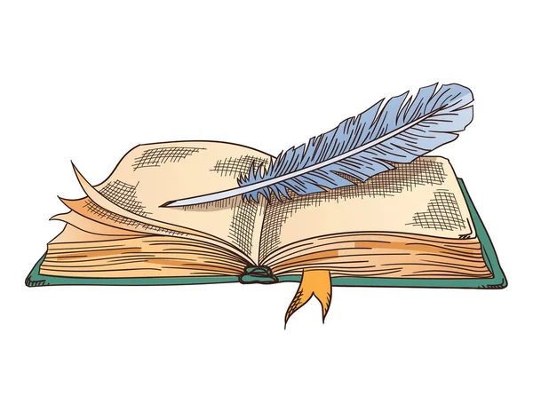 Eski kitaplar. Antika tüy kalemi olan eski, açık bir kitap. Parşömen kağıdı. Şiir çalışması ya da eğitim için geçmişe dönük kırtasiye