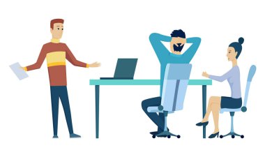Ofis toplantısı. İş yerinde takım çalışması. İş planlama süreci. İnsanlar konferans odasında konuşup çalışıyor. Vektör karikatür iç tasarımı. Şirket iş stratejisinin tartışılması