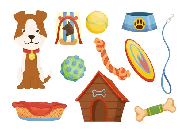 Evcil hayvan dükkanı ikonları koleksiyonu. Köpek tasması. Hayvan bakım malzemeleri ve dekoratif ürünler. Düz stil klip sanatında vektör illüstrasyonu. Petshop süpermarketi