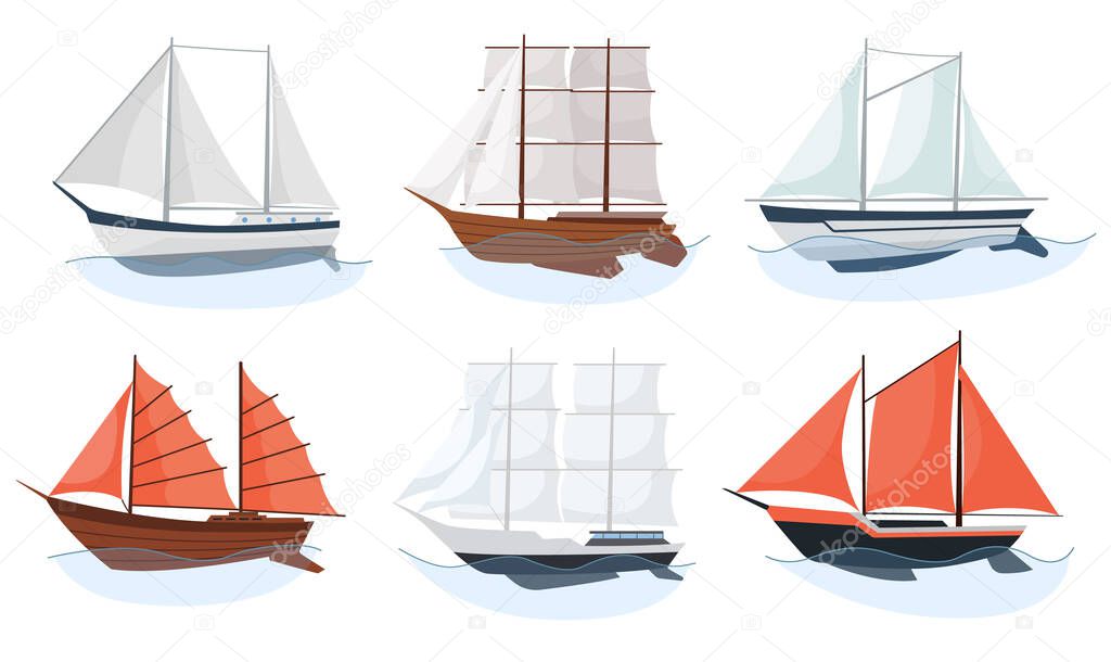 Sea sailboats ships set of water carriage and maritime transport in modern flat design style. Vector collection of ship, boat, vessel or yacht on the sea waves
