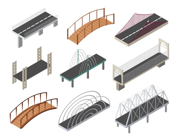 Serie di icone dei ponti isometrici vettoriali. Elementi di disegno isolati 3d di una moderna infrastruttura urbana per giochi o applicazioni. Trasporto urbano oggetti, incrocio stradale, architettura edilizia — Vettoriale Stock