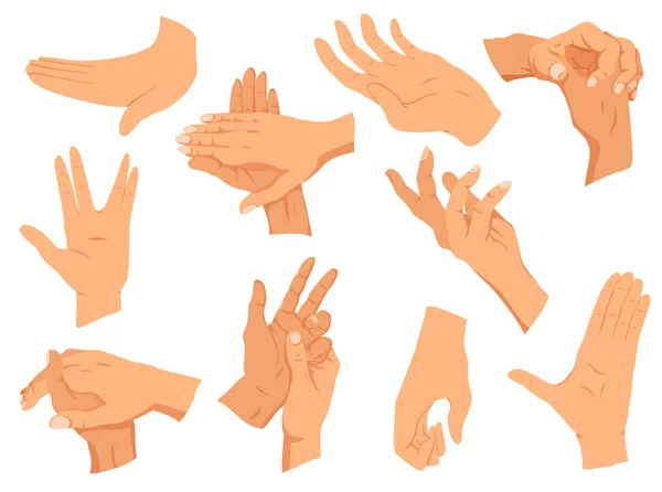 Ruky.Vektorové ilustrace nastavují ruce v různých výkladech, zobrazují signály, emoce nebo znamení. Plochý design moderní koncept — Stockový vektor