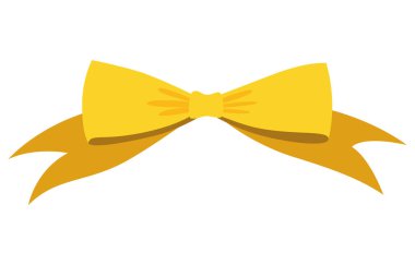 Altın yay. Karikatür vektörü sarı lüks paket tasarım elemanı. Beyaz arkaplanda izole edilmiş kurdeleli saten yay