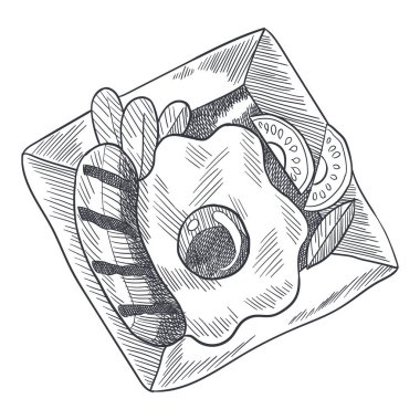 İnançlı bekar kahvaltısı hazırlamak kolaydır. Kare tabakta yumurta ve sosis. Kahvaltılar ve brunchlar çok güzel. Klasik el çizimi taslak vektör çizimi. İyi beslenme